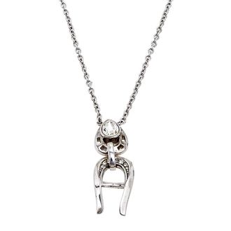 Aigner Silver Tone Crystal Logo Drop Pendant Necklace