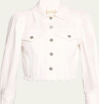Alice & Olivia Lana Puff-Sleeve Cropped Denim Jacket