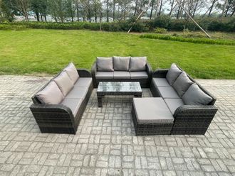 Fimous Outdoor Lounge Sofa Set 10 Seater Rattan Garden Furniture Set with Rectangular Coffee Table Big Footstool 3 Seater Sofa Dark Grey Mixed