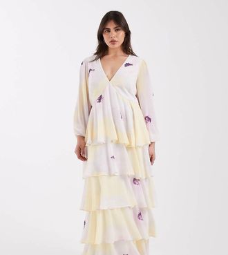 Pretty Lavish Curve Vestito lungo con volant lilla e giallo a fiori-Viola