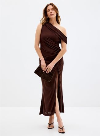 Contemporaine Womens Side slit draped shoulder dress