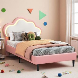 OEM Cama Infantil 90x200 Cm, Cama Para Ni&ntilde;a, Cama Individual, Cama Junior, Cabecero En Forma De Nube Con Iluminaci&oacute;n Led, Somier De Lamas, Rosa