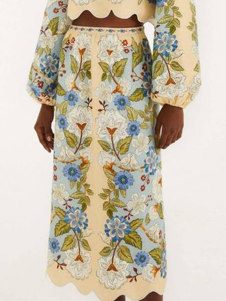 Farm Rio Scarf Pull-On Midi Skirt In Garden Blue