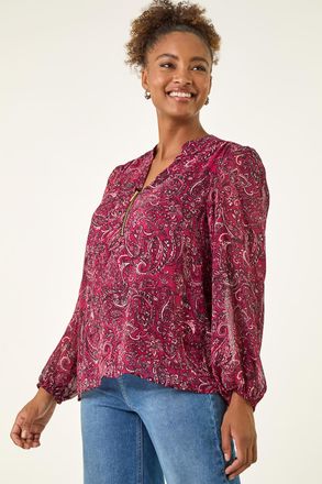 Roman Paisley Print Zip Front Top