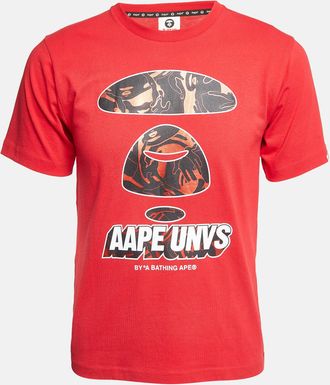 A Bathing Ape Red Digital Printed Cotton Knit Crew Neck T-Shirt