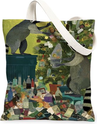Generic Christmas Raccoon Canvas Tote Bags, Fun Animal Pattern Reusable Grocery Bags, Festive Lightweight Washable Shoulder Strap C, Green, 13x15 Inch