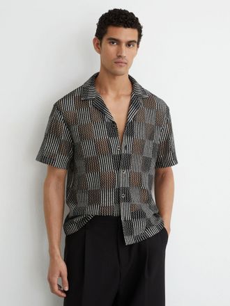 Reiss Black Checkerboard Crochet Cuban Collar Shirt, Xxl