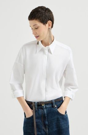 Brunello Cucinelli Stretch cotton poplin shirt with shiny trim in White at Nordstrom, Size Xxx-Large