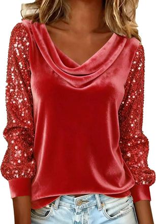 Generic Sequin Top for Women UK Party Wear Sparkly Tunic Blouses Shiny 3/4 Long Sleeve Waterfall Neck T Shirt Casual Sexy Ladies Elegant Shimmer Glitter Party
