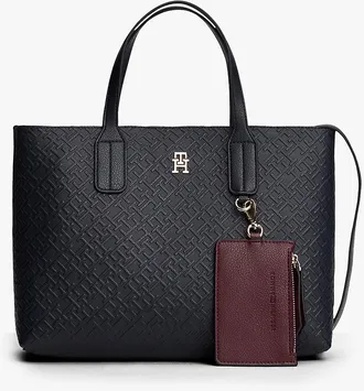 Tommy Hilfiger Womens Embossed Allover Monogram Mini Tote Bag - Navy