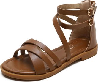 Generic Womens Summer Strappy Flat Sandals, Open Toe Sparkly Crossover Straps Sandals Shoes Leather Walking Beach Gladiator Shoes 3 CM,Brown,5 UK
