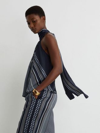 Reiss Navy Scarf-print Tie-neck Sleeveless Top, 18