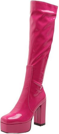 Generic Womens Square Toe Long Boots with Side Zipper Patent Leather Knee High Boots Chunky High Heel Platform Boot,Fuchsia,4.5 UK