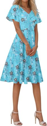 Generic Summer Dresses for Women Short Sleeve V-Neck Floral Wrap Waist Casual Dress Casual Plus Size Bohemian Floral Midi Summer Beach Swing Boho Dress Holida