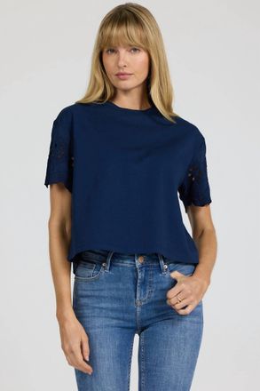 Dear John Denim Maddox Crew Neck Eyelet Sleeve Top In Riviera Black Iris
