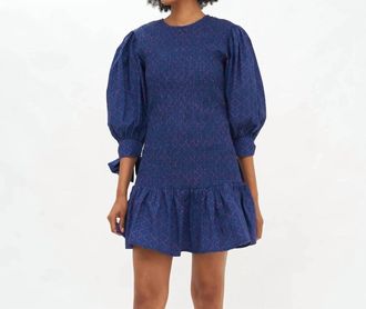 Oliphant Smocked Tie Sleeve Mini Dress In Navy Morocco