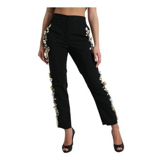 Dolce & Gabbana Slim-fit Trousers, female, Black, XS, Floral Embroidered Tapered Trousers
