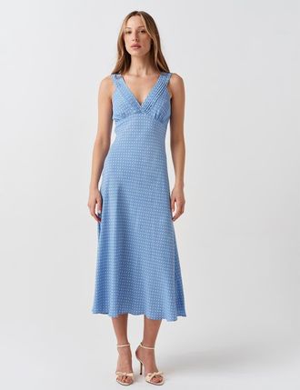 Ghost London Elise Spot Pintuck Crepe Midi Dress in Blue Spot at Nordstrom, Size 12
