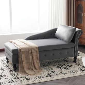 C&A Modern Velvet Chaise Lounge Sofa with Storage & Pillow, Nailhead Trim, Button-Tufted, Right Armrest - Grey