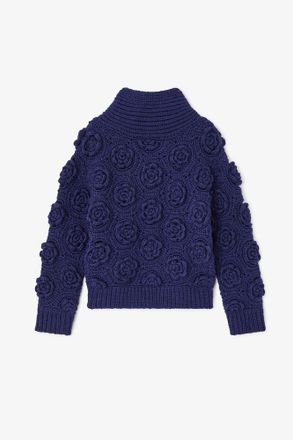 Ganni Navy Dark Blue Flower Crochet Jumper - Size XL Wool