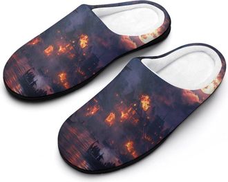 Generic Sailing Ship Moon Burning Village Mens Slippers Slip On Comfortable Fleece Cotton House Shoes Winter
