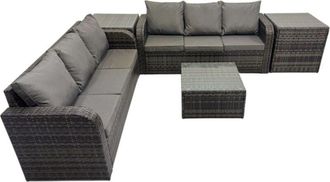 Fimous Rattan Garden Outdoor Furniture Set 3 Seater Sofa Square Coffee Table Set with 2 Side Tables Dark Grey Mixed - Fimous