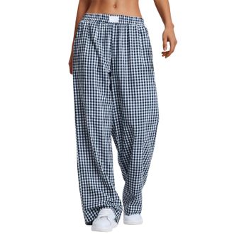 Generic Womens Striped Gingham Boxer Pants, Lounge Pajama, Casual Plaid Trousers, Y2K Fashion Beach Bottoms with Pockets (Blue,L)