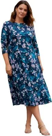 Roaman's Plus Size 3/4 Sleeve Boatneck Swing Dress in Navy Tropical Orchids at Nordstrom, Size 44