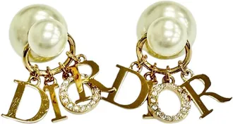 Dior Pre-owned Dior Gold Plated Faux Pearl and Strass Logo Drop Tribales Push Back Earrings Ladies XBMA8WV86JUMOYQI