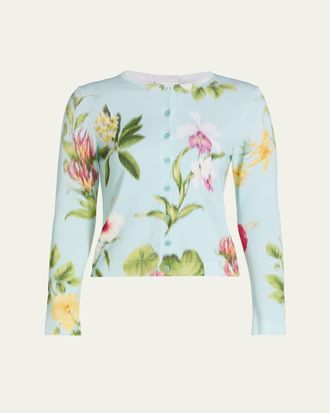 Oscar De La Renta Dominican Floral-Print Crewneck Cardigan
