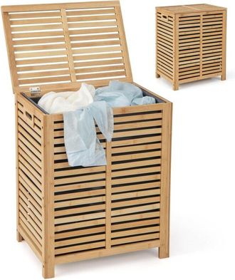 Costway Costway - Cesto Ropa Sucia con Tapa 80 l, Cesta de la Ropa Sucia con Bolsa Lavable Extraíble, Asas, Cesto de Lavandería de Bambú, para Lavandería