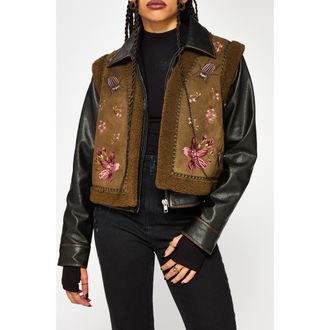 Disturbia Sylvara Borg Embroidered Bug Gilet in Brown at Nordstrom, Size Medium