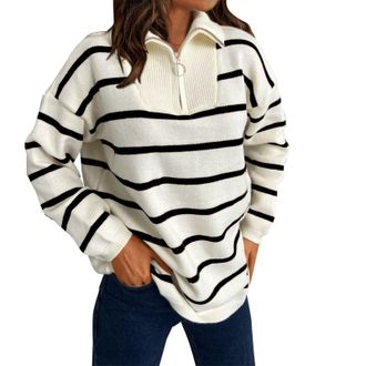 Generic My Orders Recent Orders Placed By Me Oversized Sweatshirt Women Fall Turtleneck Half Zip Lapel Plus Size Striped Sweater Soft Texture Long Sleeved Wom