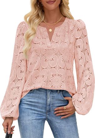 Merokeety Womens Eyelet Long Sleeve Shirts Tops Dressy Casual Fall Trendy Flower Lace Boho Crochet Blouses, Pink, XL