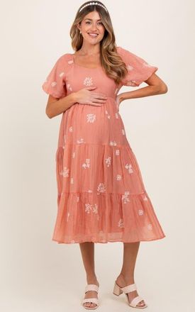 Pinkblush Floral Embroidered Tiered Midi Dress in Light Pink at Nordstrom, Size Medium