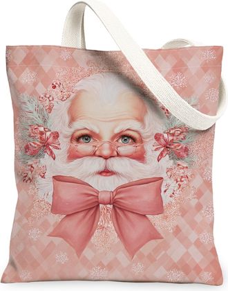 Generic Christmas Santa Canvas Tote Bags, Retro Holiday Design Reusable Grocery Bags, Lightweight Washable Shoulder Strap Canvas Fo, Peach, 13x15 Inch