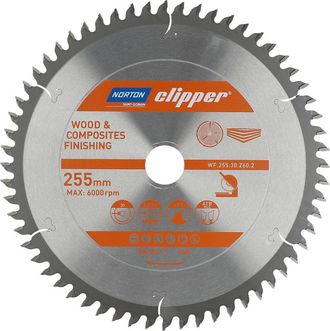 Norton Sierra Circular Norton Clipper 255mm X 30mm X 60t, Corte Transversal Y Longitudinal, Para Madera Y Compuestos, Geometr&iacute;a Atb, Dientes De Carburo, 6000