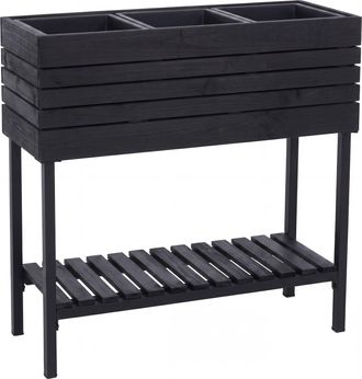 Hhg [nunca Usado] Jardinera Elevada Hhg-459, Jardinera Para Flores Y Plantas, Maceta, Estante De Exterior De Madera De Acacia Mvg 79 X 80 X 31 Cm, Negro
