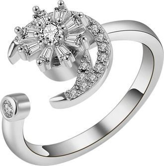 Generic Geometric Rotating Anxiety Stress Ring Adjustable Zircon Open Band Micro Finger Ring for Women Girls (A, One Size)