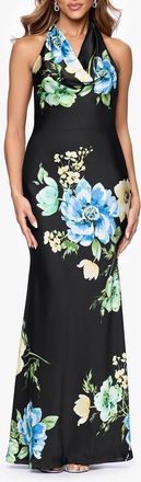 Betsy & Adam Floral Satin Halter Gown in Black/Multi at Nordstrom, Size 14