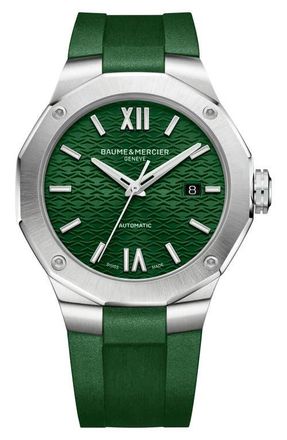 Baume & Mercier Riviera Automatic Rubber Strap Watch, 42mm in Steel/Green at Nordstrom