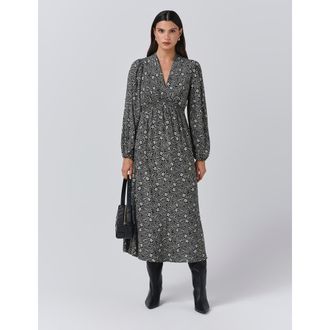 Ghost London Petal Crepe V Neck Midi Waisted Dress in Black Ditsy at Nordstrom, Size 16