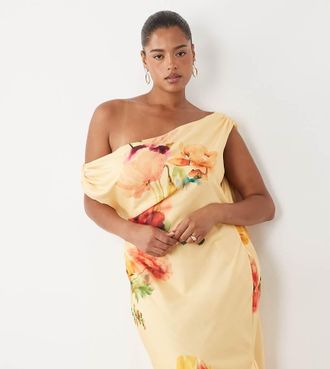 Asos Curve ASOS DESIGN Curve - Vestito al polpaccio con spalle scivolate, godet asimmetrico e stampa a fiori delicata-Multicolore