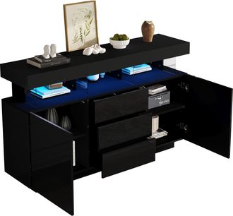 STILVORA Aparador Con 3 Cajones, 2 Puertas Correderas Y Led, Acabado Brillante, En Tablero De Part&iacute;culas, 140&times;35&times;80 Cm, Negro