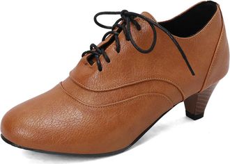 Generic Womens Mid Block Heel Casual Shoes Round Toe PU Leather Office Dress Shoes Lace Up Vintage Brogues,Yellow,10.5 UK