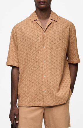 Mango Short Sleeve Cotton Button-Up Shirt in Salmon at Nordstrom, Size Large