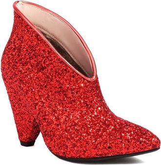 Generic Womens Sequins Sparkly V-Cut Ankle Boots Cone Heel Pointed Toe Slip On Wide Calf Wedding Party Dress Shoes (5.5,Red)