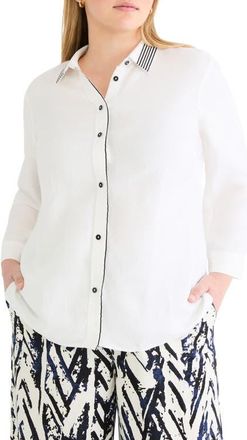 Nic+Zoe Stripe Trim Linen Blend Shirt in Paper White at Nordstrom, Size 3 X