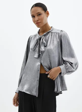 Contemporaine Womens Tie-neck silver blouse