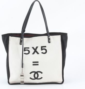 Chanel Black White Leather Canvas Shoulder Bag Tote Bag (Pre-Owned)